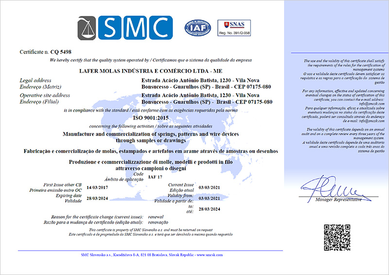 Certificado de Qualidade Lafer Molas